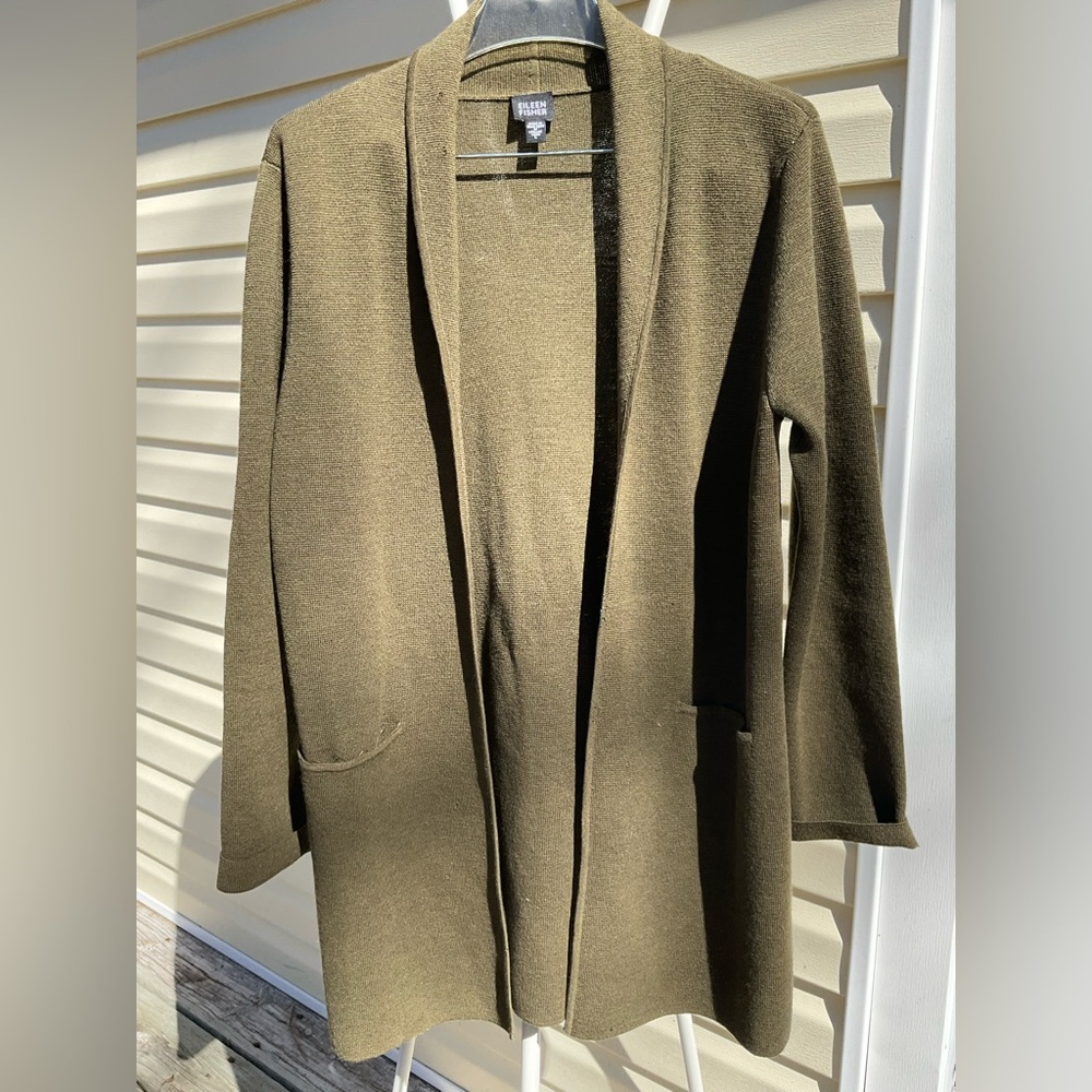 Eileen Fisher sweater Coat Italian wool vintage 22” chest 35” long 6/7 holes